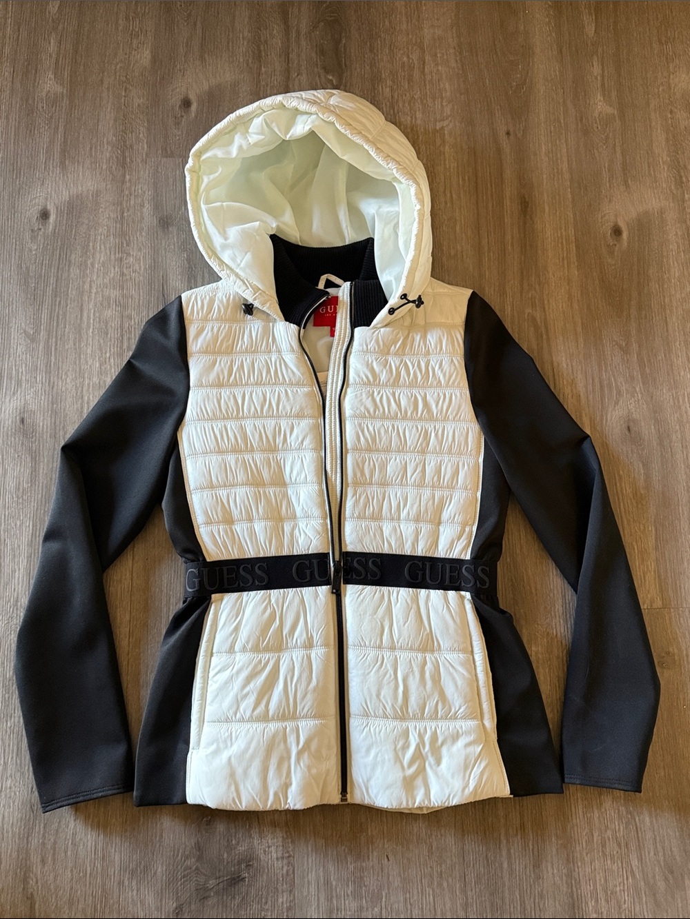Guess White and Black Quilted Hooded Puffer Jacket